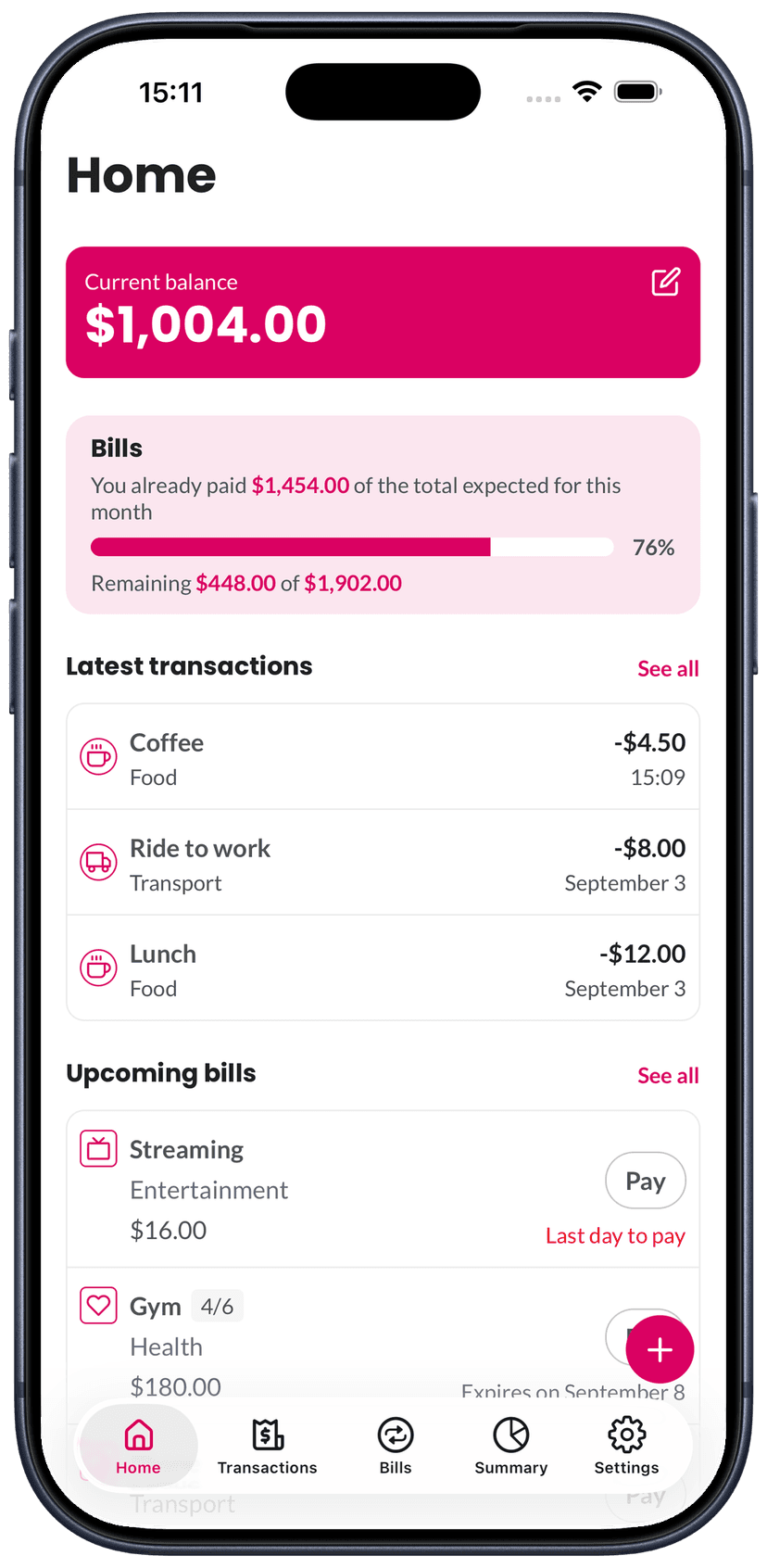 The Gastify app on an iPhone, showing the home screen with the balance, upcoming due dates and latest movements