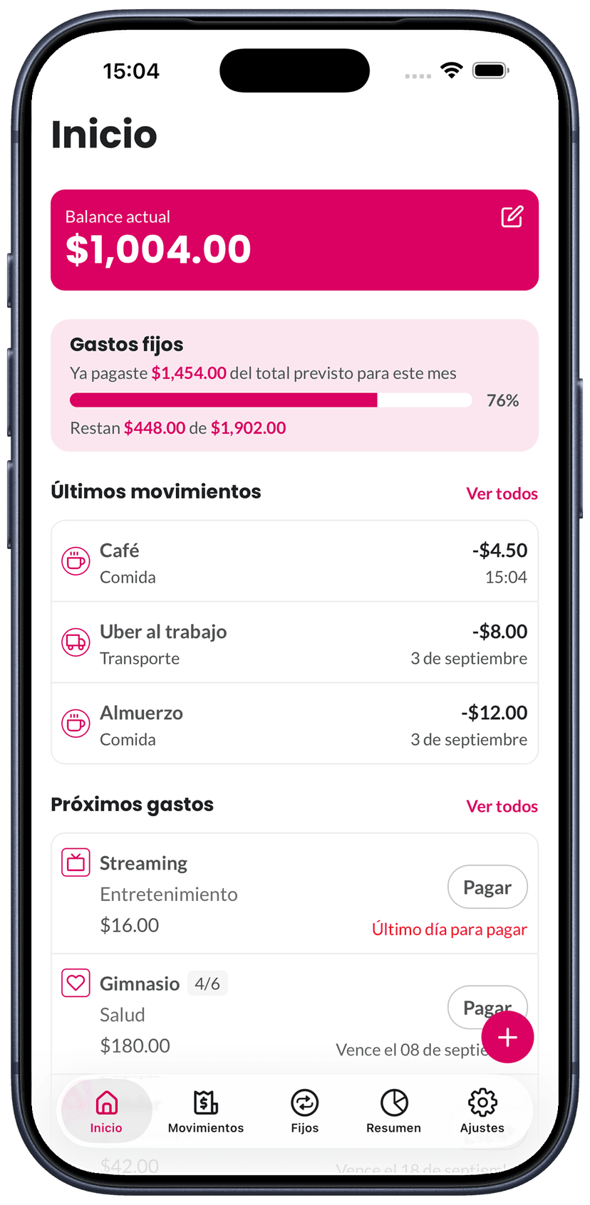 La app Gastify en un iPhone, mostrando el inicio con el saldo, los próximos vencimientos y los últimos movimientos