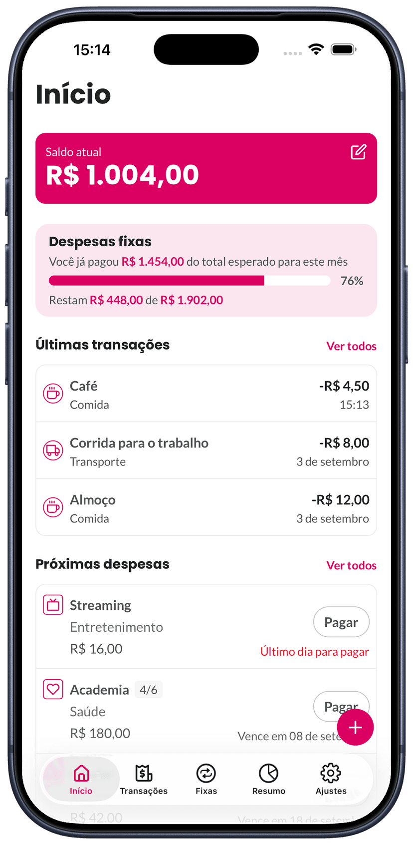 O app Gastify em um iPhone, mostrando o início com o saldo, os próximos vencimentos e as últimas movimentações